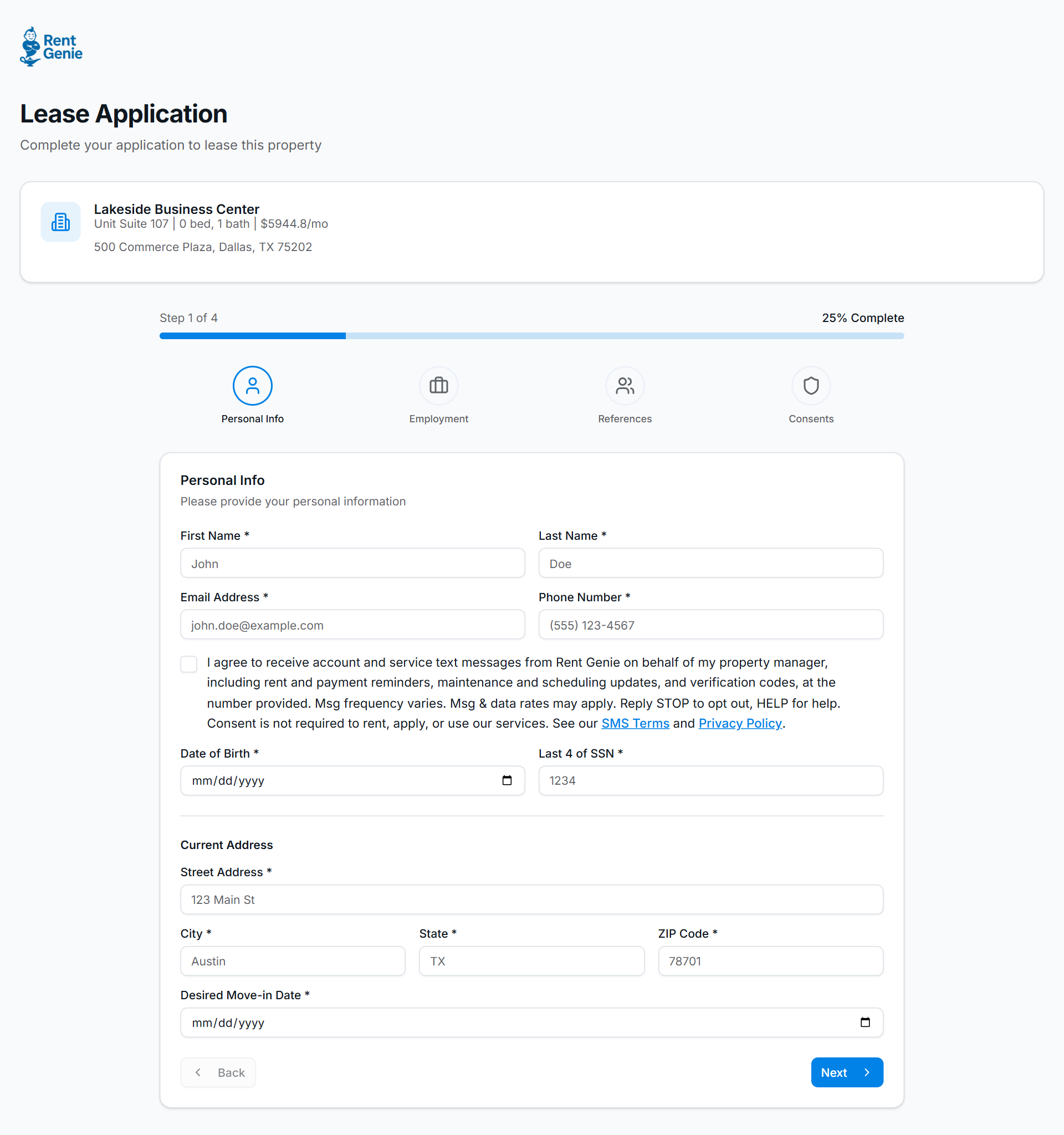 The Rent Genie rental application, showing the Rent Genie logo, the phone number field, and the unchecked SMS consent checkbox with the full disclosure text and links to the SMS Terms and Privacy Policy.