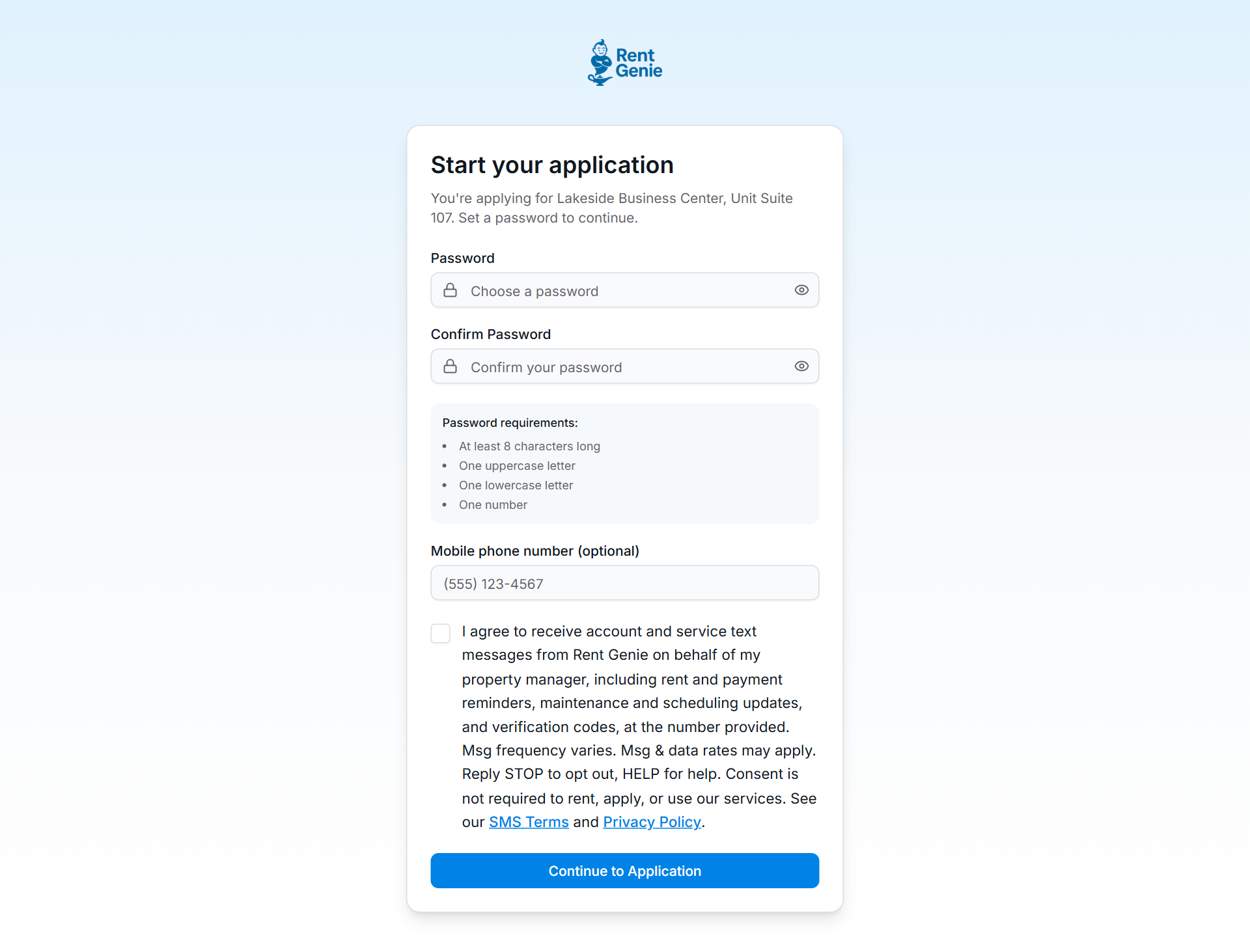 The Rent Genie tenant portal sign-up screen, showing the Rent Genie logo, an optional mobile phone number field, and the unchecked SMS consent checkbox with the full disclosure text and links to the SMS Terms and Privacy Policy.
